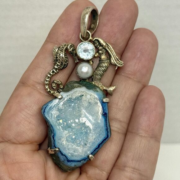 Sterling Silver Blue Agate Druzy Topaz Mermaid Seahorse Pendant Rare 20.63g - Picture 1 of 10
